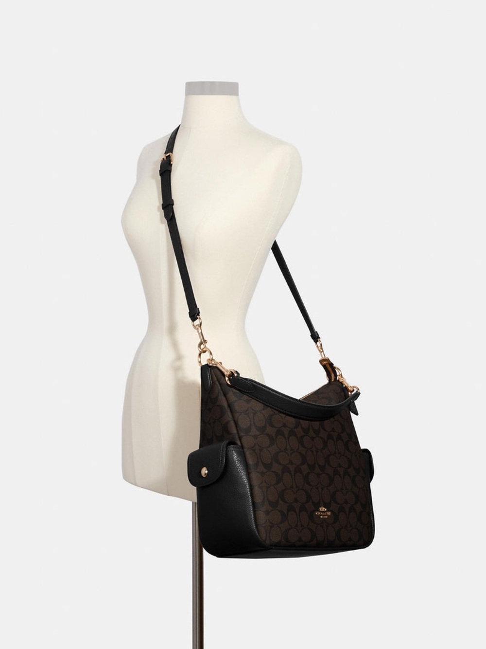Coach Brown Signature Canvas & Black Leather Shoulder Bag with Gold Hardware
